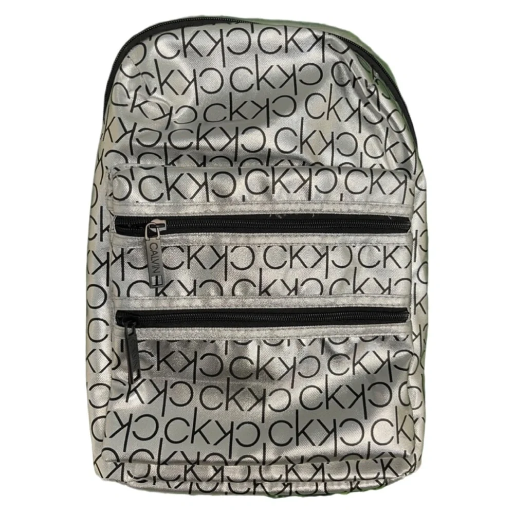 Calvin Klein Logo Silver Metallic Backpack NWT